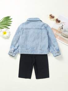 SHEIN Denim em bé Túi Nút phía trước Khối Màu - Rửa nhẹ - Xem 2