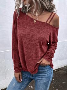 SHEIN LUNE Solid Asymmetrical Neck Batwing Sleeve Tee - Redwood - View 5