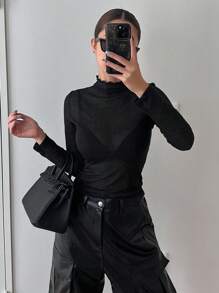 Mock Neck Lettuce Trim Tee Without Bra Long Sleeve Top - Black - View 5