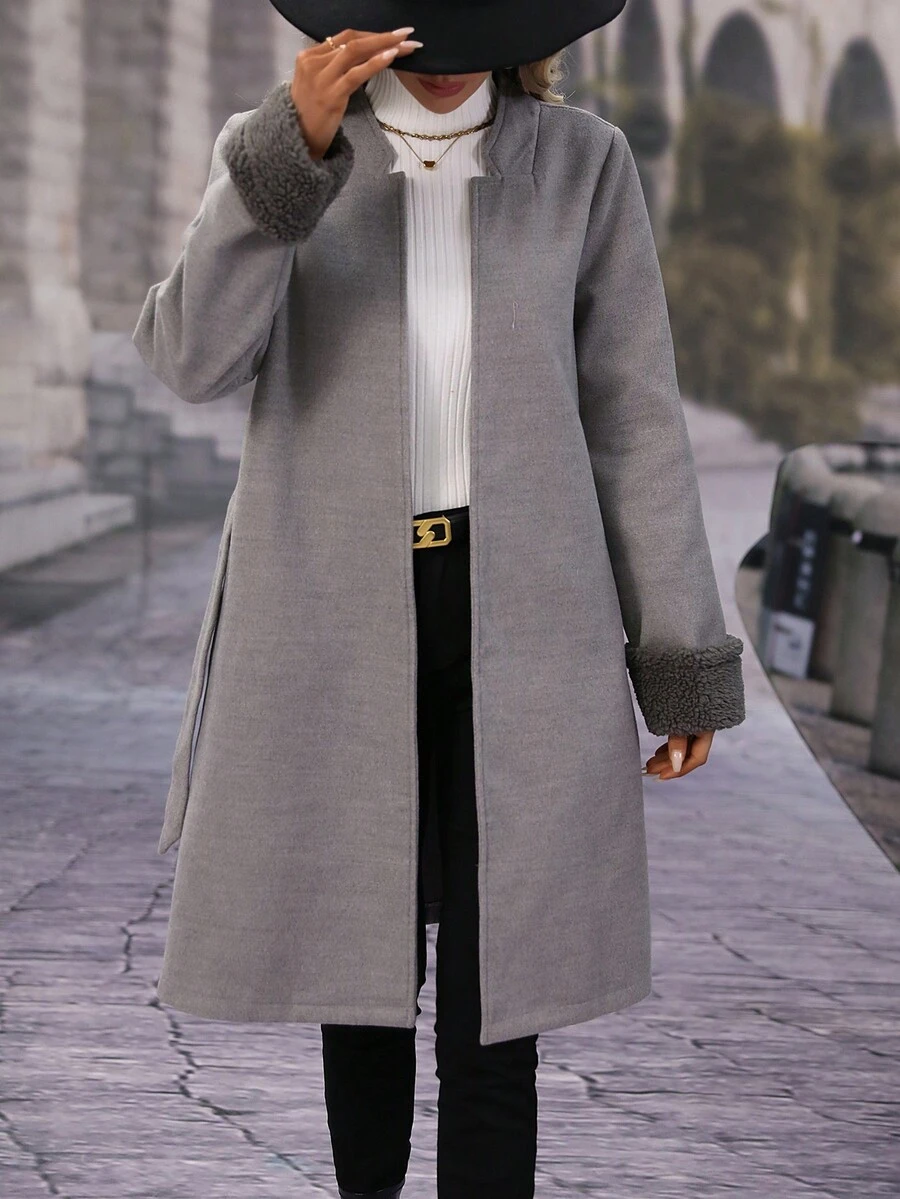 SHEIN Essnce 毛茸茸袖口腰帶花呢外套 - 灰色 - 查看 1