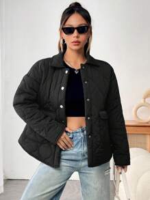 SHEIN Unity Áo khoác có túi cài nút phía trước chần bông có đệm Quần áo mùa đông - màu đen - Xem 5