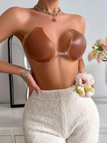 Women's Coffee Brown Fabric Backless Sticky Bra Push Up Casual Comfy Style Lingerie - Coffee Brown - View 5