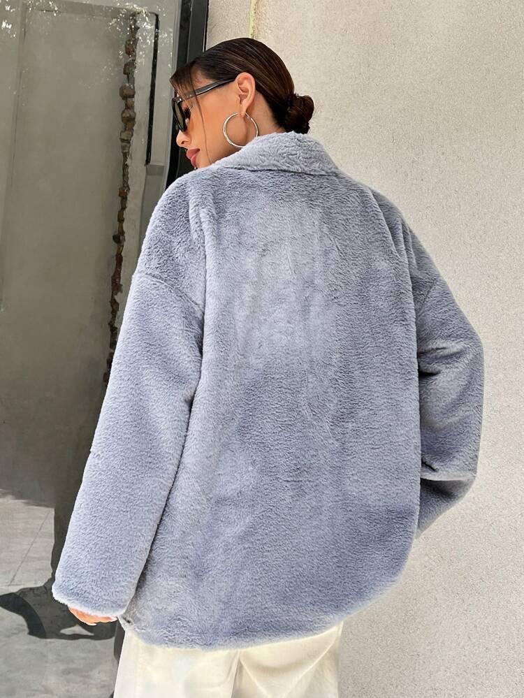 Zip Up Drop Shoulder Teddy Coat Fall Cloth For Women