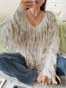 SHEIN ICON Hơn Viền rìa Cổ v Thả vai Áo len - Màu be - Xem 4