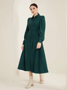 Mulvari Chất rắn Crisscross Buộc lại Nút phía trước Váy sơ mi - màu xanh lá - Xem 3