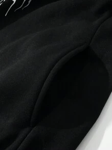 SHEIN EZwear 蝴蝶圖案拉鏈開襟抽繩加絨內裏連帽衫 - 黑色 - 查看 3