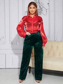 SHEIN SXY Chất rắn Nút phía trước Đàn organza Áo sơ mi Không có áo ngực - Đỏ - Xem 4