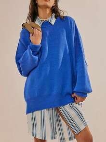 Mock Neck Drop Shoulder Split Hem Sweater,Long Sleeve Tops - Blue - View 3