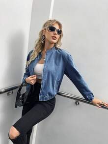 Zip Up Pocket Denim Jacket - Medium Wash - View 6