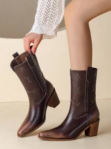 女性小腿中部復古鉚釘西部牛仔靴帶粗跟 - 棕色 - 查看 3