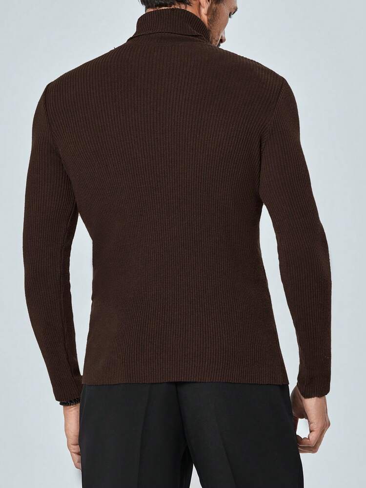 RueChic Nam Màu thuần Áo cao cổ Áo len - màu nâu - Xem 2