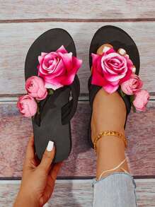 女用花拖鞋,夏季時尚中跟舒適露趾拖鞋,適合戶外/海灘穿著 - 彩色 - 查看 1
