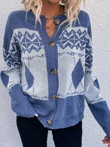SHEIN LUNE Geo Pattern Drop Shoulder Cardigan - Blue - View 5