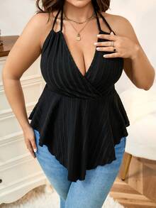 Calvaya Talla grande Top halter de espalda abierta con cordón bajo hanky - Negro - Ver 4