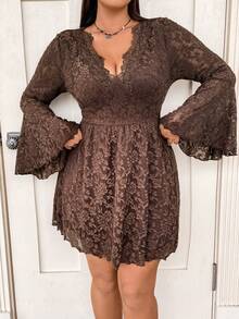 Flirla Plus Plunging Neck Bell Sleeve Lace Dress - Khaki - View 3