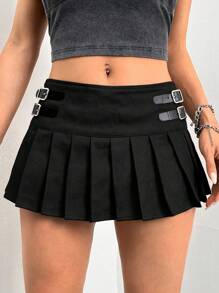 SHEIN ICON Solid Buckle Detail Pleated Skirt - Black - View 6