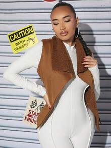 SHEIN SXY Lót Teddy Cổ áo thác nước Áo vest - màu nâu - Xem 4