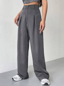SHEIN EZwear Pantalones Rectos De Rayas Verticales Para Mujer - Gris Oscuro - Ver 5