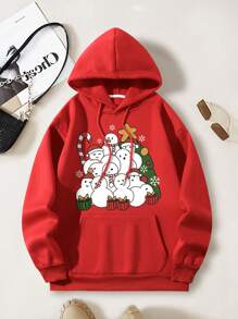 SHEIN EZwear 聖誕雪人印花袋鼠口袋抽繩加絨內裏連帽衫 - 紅色 - 查看 1