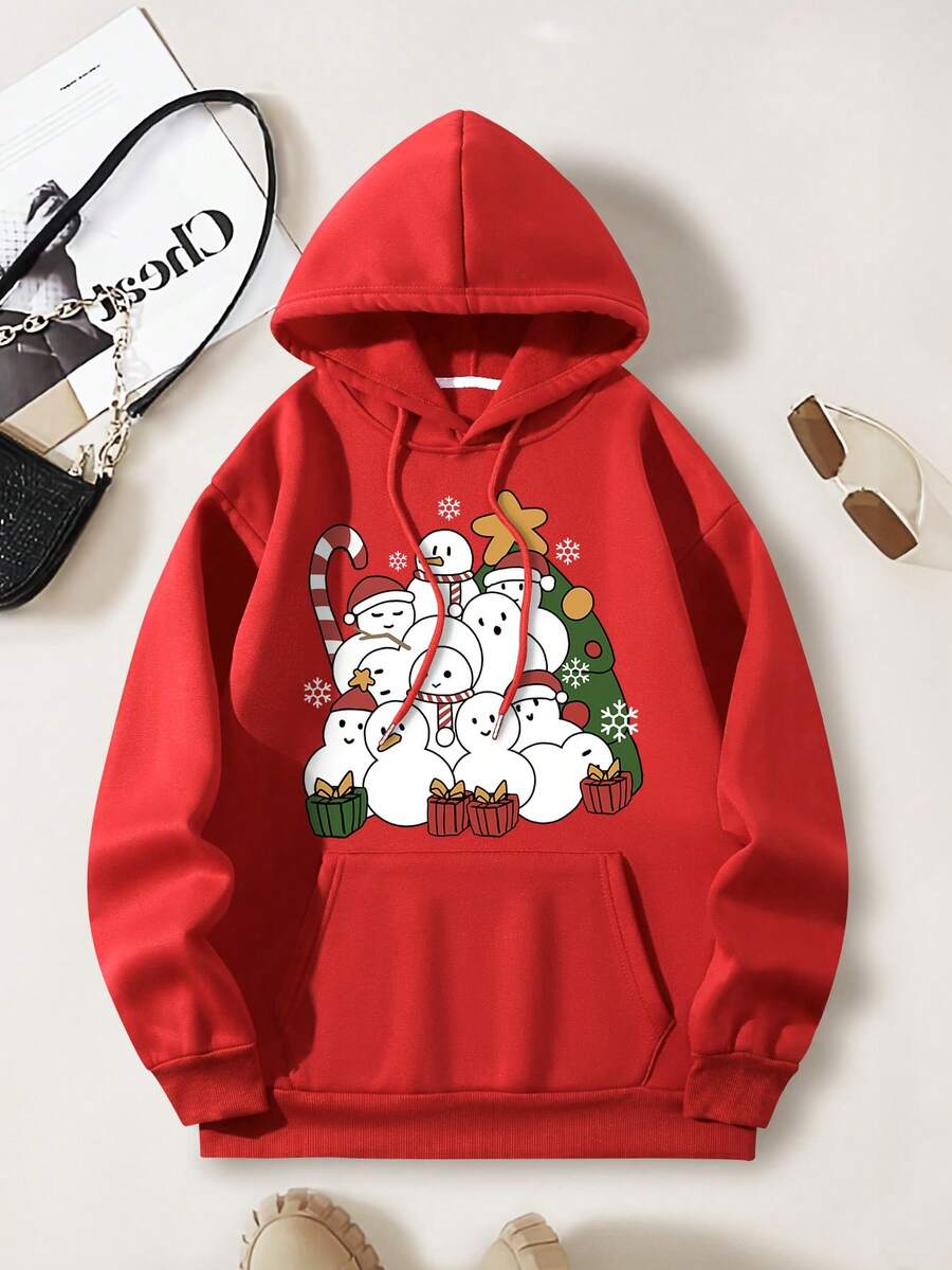SHEIN EZwear 聖誕雪人印花袋鼠口袋抽繩加絨內裏連帽衫 - 紅色 - 查看 1