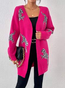 SHEIN Essnce Leopard Pattern Drop Shoulder Duster Cardigan - Hot Pink - View 1