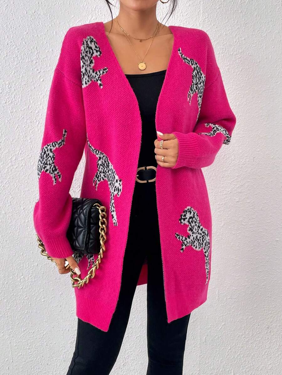 SHEIN Essnce Leopard Pattern Drop Shoulder Duster Cardigan - Hot Pink - View 1
