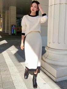 Dazy Star Contrast Trim Sweater & Knit Skirt - Black and White - View 3