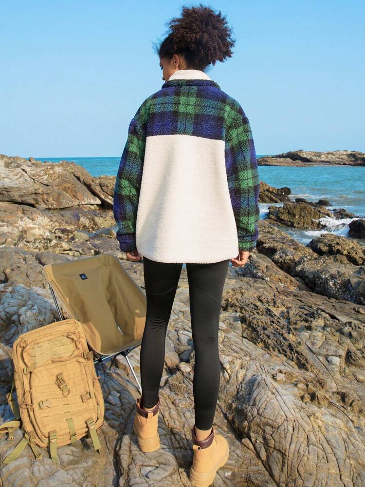 Plaid Print Borg Collar Drop Shoulder Flap Pocket Thermal Lined Jacket