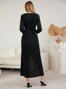 SHEIN Clasi Surplice Neck Draped Side Split Thigh Dress - Black - View 2