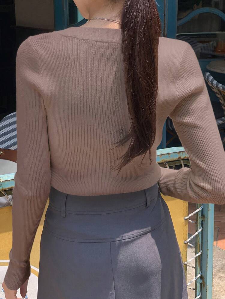 1pc Women Business Casual Solid Color Fitted Sweater,Long Sleeve Tops,Fall Clothes