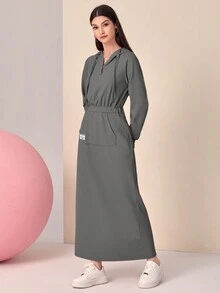 Mulvari Letter Patched Detail Drawstring Hooded 2 In 1 Dress - Grey - View 5