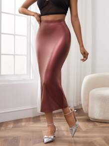 SHEIN PETITE Eo đàn hồi Chất rắn Váy bút chì - Đỏ - Xem 4