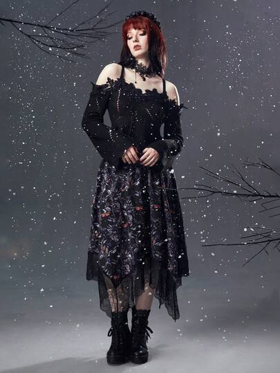 Goth Jupe Imprimé Plante En Dentelle Asymétrique
