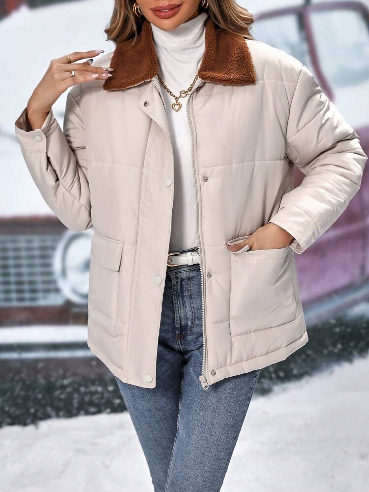 Borg Collar Flap Pocket Padded Padded Coat Clothes Winter Fall Cloth For Women