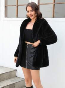 RELISH NOLESS Shawl Collar Open Front Fuzzy Coat - Black - View 5