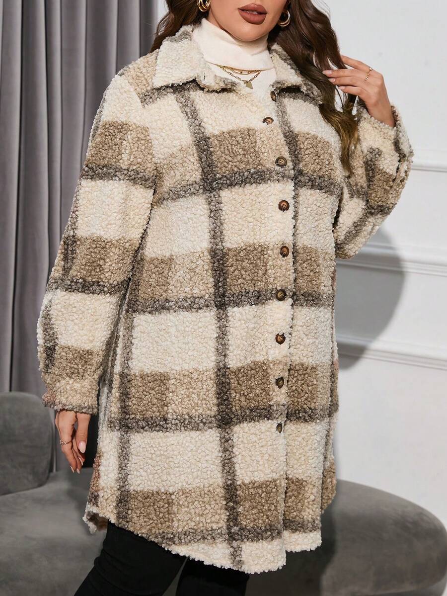 SHEIN LUNE Plus Plaid Print Teddy Coat - Multicolor - View 1