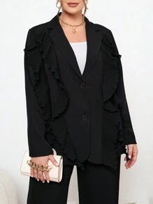 SHEIN Privé Talla grande Blazer ribete con fruncido de cuello con solapa - Negro - Ver 1
