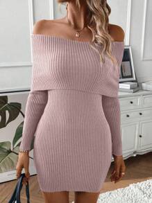 SHEIN Essnce Vestido de punto doblado de hombros descubiertos tejido de canalé - Morado - Ver 6