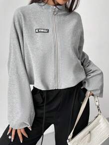 SHEIN EZwear Sweatshirt mit Buchstabe Flicken Detail Drop Shoulder Reißverschluss