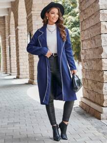 GENKIRA Dekolt z klapą Kontrastowa lamówka Z paskiem Płaszcze - Granatowy - Zobacz 3