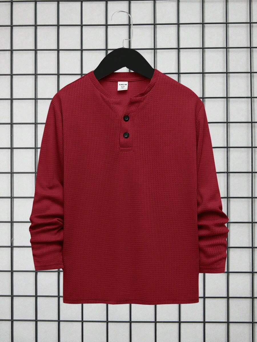 SHEIN Boys' Solid Color Half-Zip Polo Long Sleeve T-Shirt - Red - View 1
