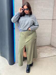 SHEIN Essnce Plus Drawstring Waist Split High Hem Cargo Skirt - Green - View 3