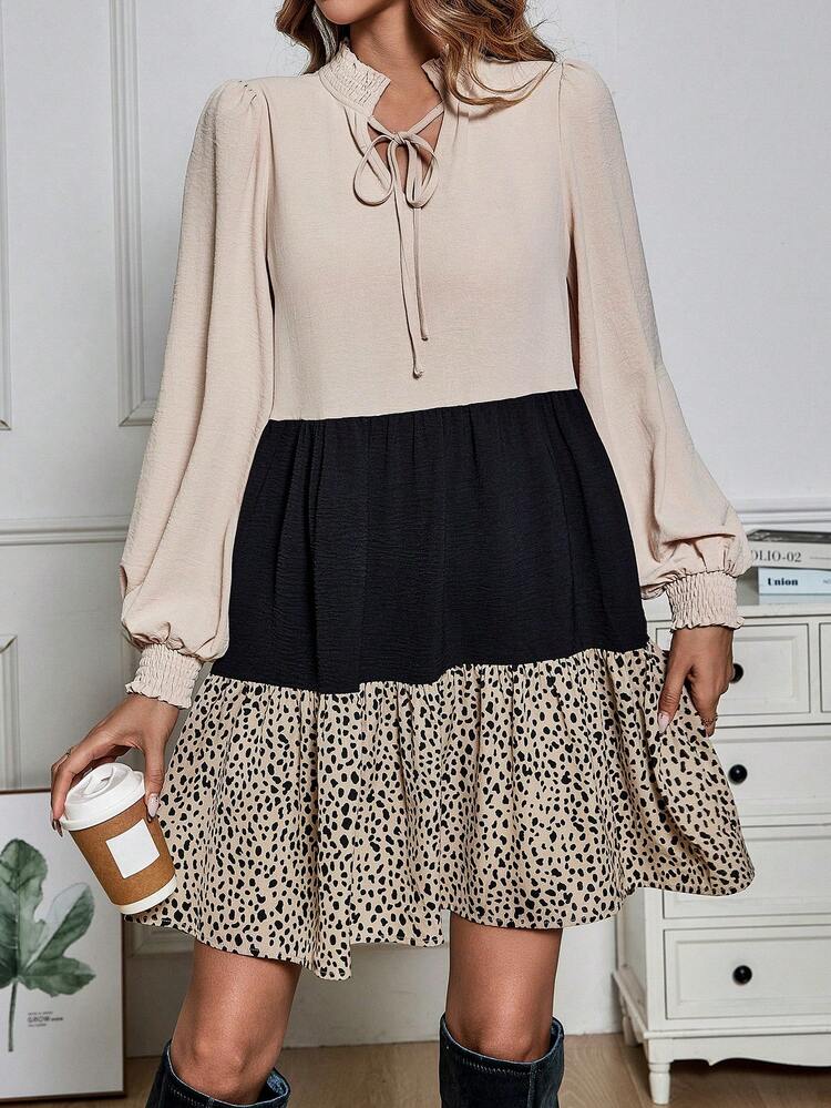Ladies' Polka Dot Splicing Shirred Cuff Dress
