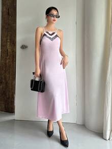 SHEINNeu Viền Lace tương phản Váy Dây - Màu Hồng baby - Xem 4