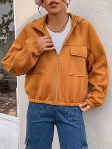 SHEIN Unity 翻蓋口袋拉鏈開襟連帽夾克 - 棕色 - 查看 5