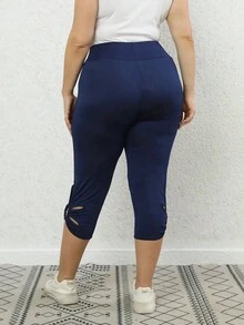 Leggings de talla grande Cruzado Abertura Anilla Liso Casual - Azul Marino - Ver 2