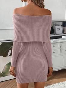 SHEIN Essnce Vestido de punto doblado de hombros descubiertos tejido de canalé - Morado - Ver 2
