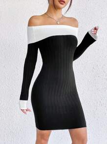 SHEIN EZwear Abito maglione aderente con spalle scoperte e costine con motivo a blocchi di colore - Bianco e nero - Visualizzare 4