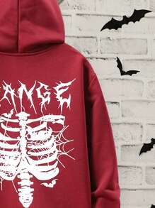 SHEIN Tween Boy Letter & Skeleton Print Drop Shoulder Sweatshirt - Burgundy - View 6