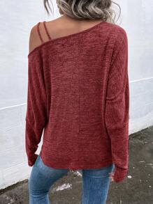SHEIN LUNE Solid Asymmetrical Neck Batwing Sleeve Tee - Redwood - View 2